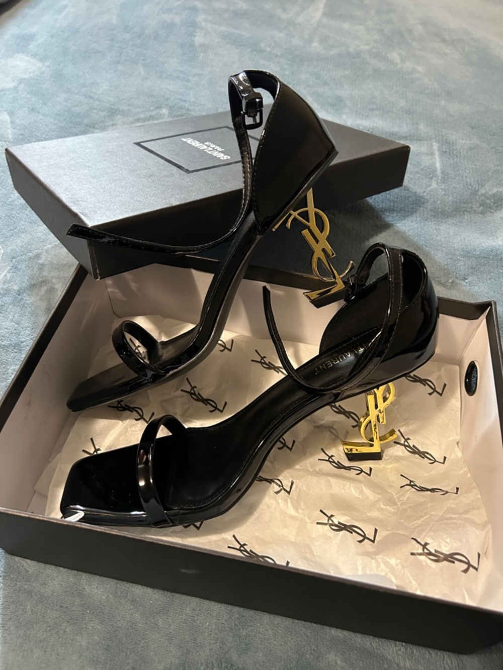 SL Black Patent Square-Toe Strappy Heels
